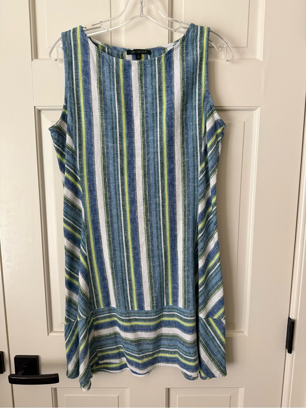 For Cynthia Blue, Green & White Striped Sleeveless Shift Dress